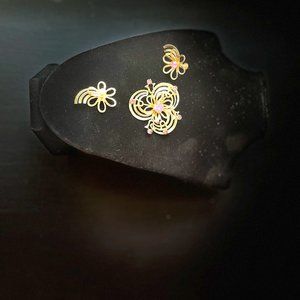 Vintage pink and purple flower swirl gold three layer brooch and earrings